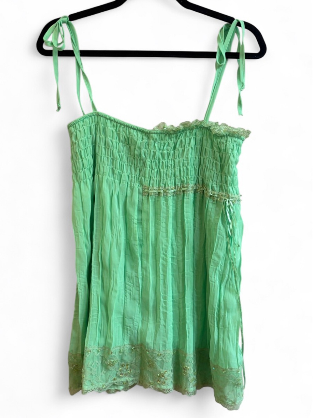 Hera Y2K Babydoll Camisole Fairy Coquette Crinkle Texture Sequins Lace Blouse